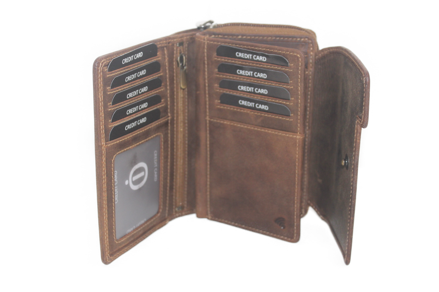 OI Leren damesportemonnee met rits / grote Hunter bruine damesbeurs / RFID safe 283H