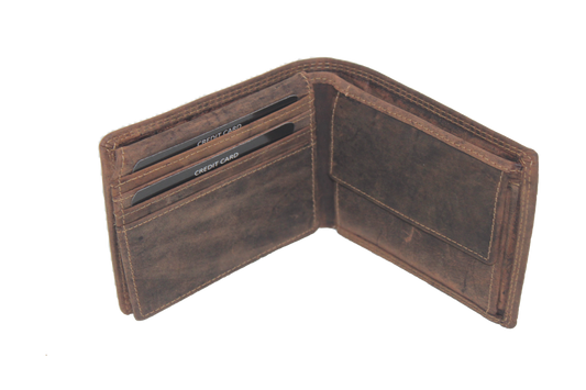 Oi Hunter bruine leren billfold laag model / platte heren portemonnee voor 9 pasjes / dunne beurs voor heren pasjesklep omhoog / RFID SAFE / bruin leer / 325