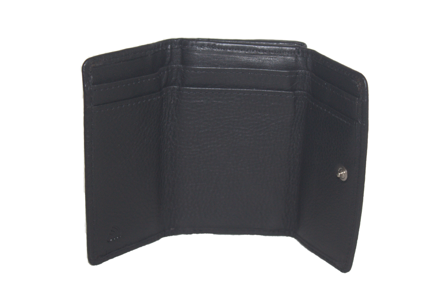 Oi zwart leren klein dubbelzijdig beursje / portemonneetje met aan 2 kanten een klep / compact Trifold portemonneetje met uitneembaar pasjeshoesje / RFID safe / zwart leer / 337