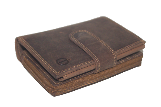 Oi Hunter bruine leren rits portemonnee voor veel pasjes / afsluitbare beurs met ritsvak voor kleingeld / compacte portemonnee met ruim vak voor muntgeld / RFID SAFE / bruin leer / 339H