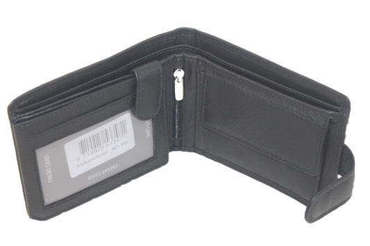 Oi zwarte lederen billfold laag model afgesloten met een drukker / heren portemonnee afsluitbaar met lipje / heren beurs voor veel pasjes / anti skim / zwart leer / 352