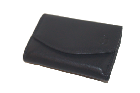 Oi zwart lederen overslag portemonneetje / klein afsluitbaar dames of heren beursje met ritsje / compacte billfold met muntvak en ritsje aan de buitenkant / RFID safe / zwart leer / 355
