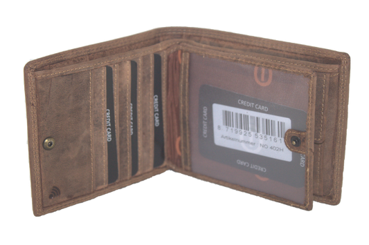 Oi Hunter bruine lederen billfold veel pasjes / platte heren portemonnee met pasjes verticaal / ruime maar dunne herenbeurs / RFID safe / bruin leer / 402H