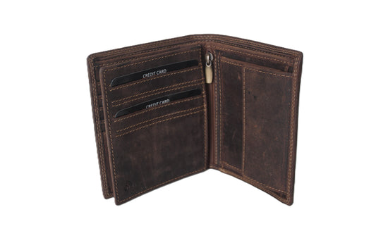 Oi Hunter bruine leren billfold hoog model / platte heren portemonnee voor 9 pasjes / zwarte herenbeurs hoog en breed uitgevoerd / RFID SAFE / bruin leer /409H