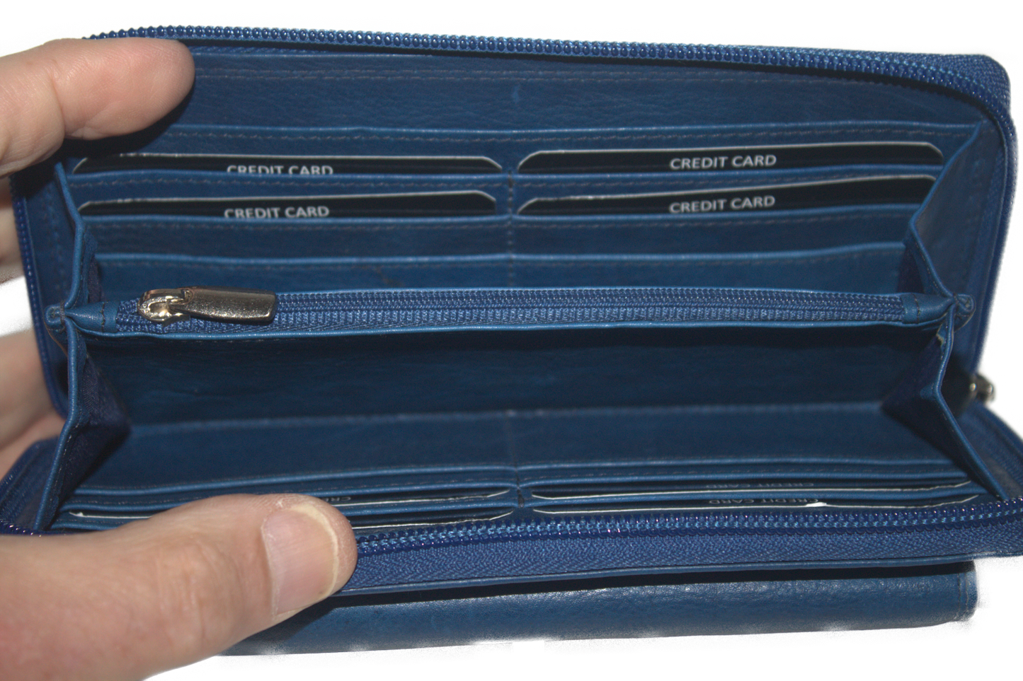 Grote rits portemonnee met slotje voorop voor het kleingeld vak 446 blauw Rundleder