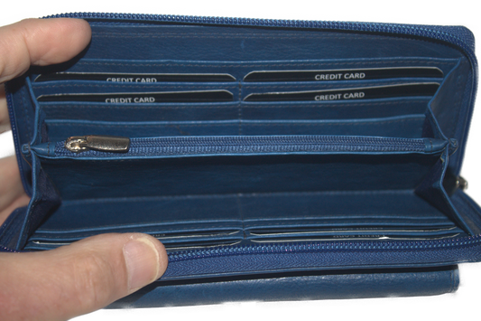 Grote rits portemonnee met slotje voorop voor het kleingeld vak 446 blauw Rundleder