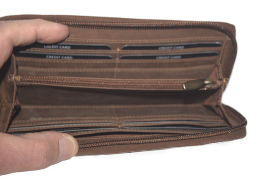 Grote rits portemonnee met slotje voorop voor het kleingeld vak 446 bruin Hunter Rundleder