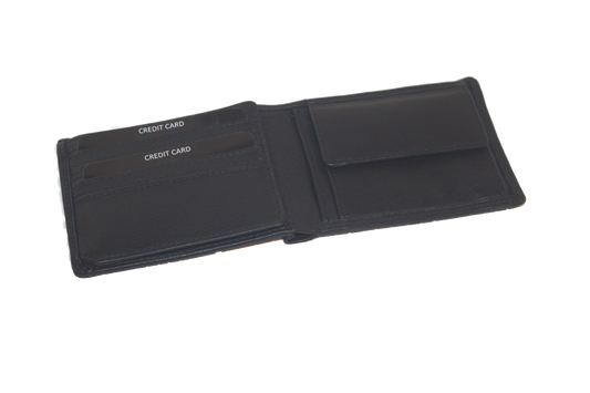 Oi zwarte leren Billfold klein met uitklap naar links / platte compacte heren portemonnee / dunne beurs met zichtvenster / RFID SAFE / zwart leer / 503