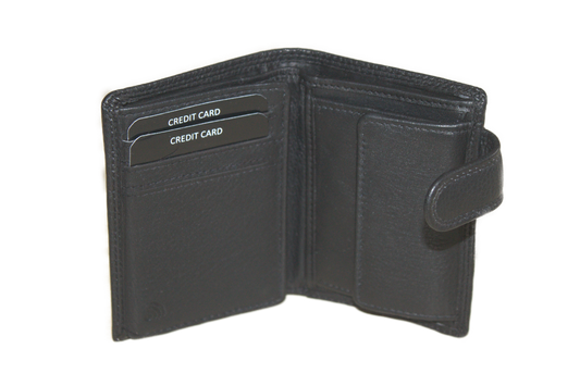 Oi zwarte leren herenportemonnee / kleine hoog model billfold met lip om af te sluiten / herenbeursje voor veel pasjes / RFID SAFE / zwart leer / 562