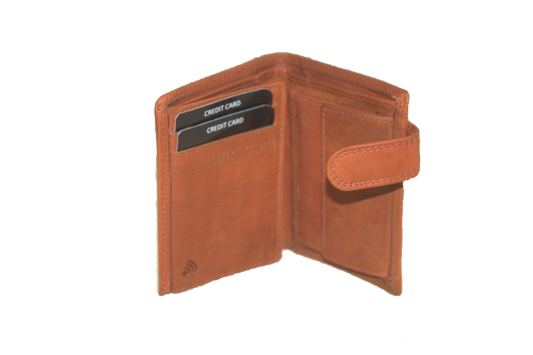 Oi retro oranje- cognackleurige leren herenportemonnee / kleine hoog model billfold met lip om af te sluiten / herenbeursje voor veel pasjes / RFID SAFE / retro camel kleurig leer / 562Orange NR