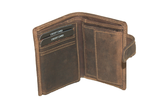 Oi Hunter bruine leren herenportemonnee / kleine hoog model billfold met lip om af te sluiten / herenbeursje voor veel pasjes / RFID SAFE / Hunter bruin leer /562H