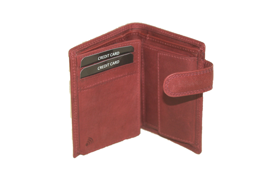 Oi retro rode leren herenportemonnee / kleine hoog model billfold met lip om af te sluiten / herenbeursje voor veel pasjes / RFID SAFE / retro rood leer / 562Red NR