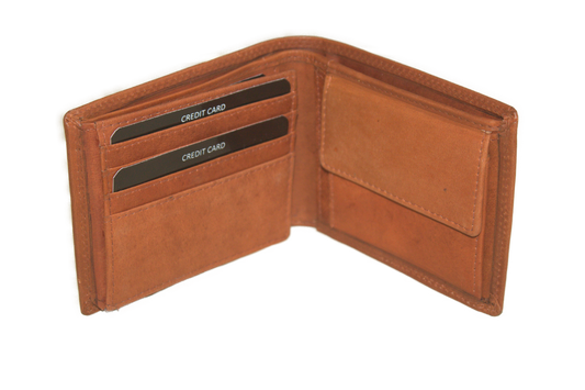 Oi retro oranje- cognackleurige leren herenportemonnee klein / laag model billfold met klep naar links / compacte herenbeurs voor 9 pasjes / RFID SAFE / retro camel kleurig leer / 564Orange NR