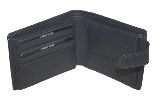 Oi zwarte leren herenportemonnee met lip / klein laag model billfold met klep naar links / compacte herenbeurs afsluitbaar / RFID SAFE / zwart leer / 565