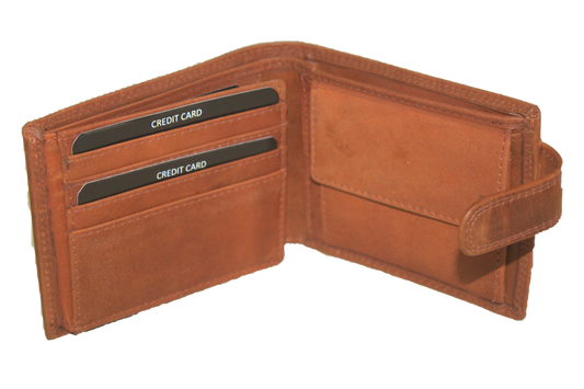 Oi retro oranje- cognackleurig leren herenportemonnee met lip / klein laag model billfold met klep naar links / compacte herenbeurs afsluitbaar / RFID SAFE / camel kleurig leer / 565Orange NR