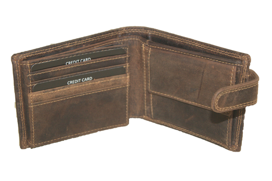 Oi Hunter bruine leren herenportemonnee met lip / klein laag model billfold met klep naar links / compacte herenbeurs afsluitbaar / RFID SAFE / bruin leer / 565H