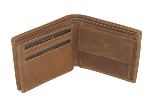 OI Hunter bruine leren heren portemonnee klep links en klep rechts / Hunter bruine billfold laag model veel pasjes / platte heren beurs / anti skim / bruin leer / 109H