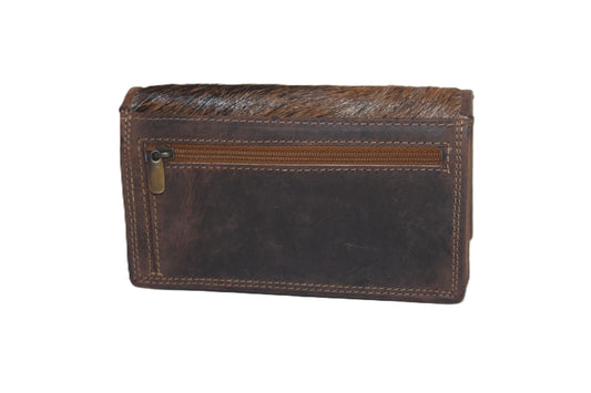 OI leren Europortemonnee met klep en haartjes / Hunter bruine damesbeurs met vacht / RFID safe 998H