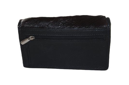 OI Zwarte leren overslagportemonnee met vacht / damesbeurs met harmonica voor veel pasjes / damesportemonnee met soufflé en vacht / RFID safe / zwart / 998