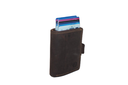 Oi Hunter bruine leren portemonnee met dubbele figuretta Cardprotector / compacte beurs met dubbele metalen pasjeshouder / 2 anti skim kastjes in kleine portemonnee / Hunter bruin leer / 535AH