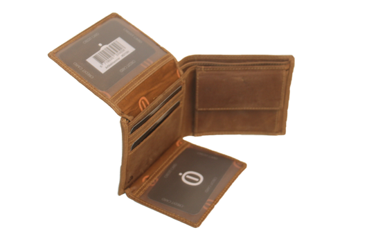 OI Hunter bruine leren heren portemonnee klep links en klep rechts / Hunter bruine billfold laag model veel pasjes / platte heren beurs / anti skim / bruin leer / 110H