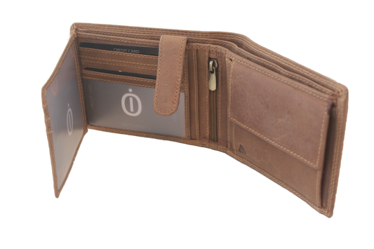 OI Hunter bruine leren heren portemonnee / klassieke billfold laag model voor 7 pasjes/ platte beurs met lipje binnenin / anti skim /bruin leer / 103H