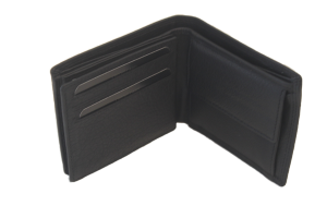 OI zwarte leren heren portemonnee klep links en klep rechts / zwarte billfold laag model veel pasjes / platte heren beurs / anti skim / zwart leer / 109