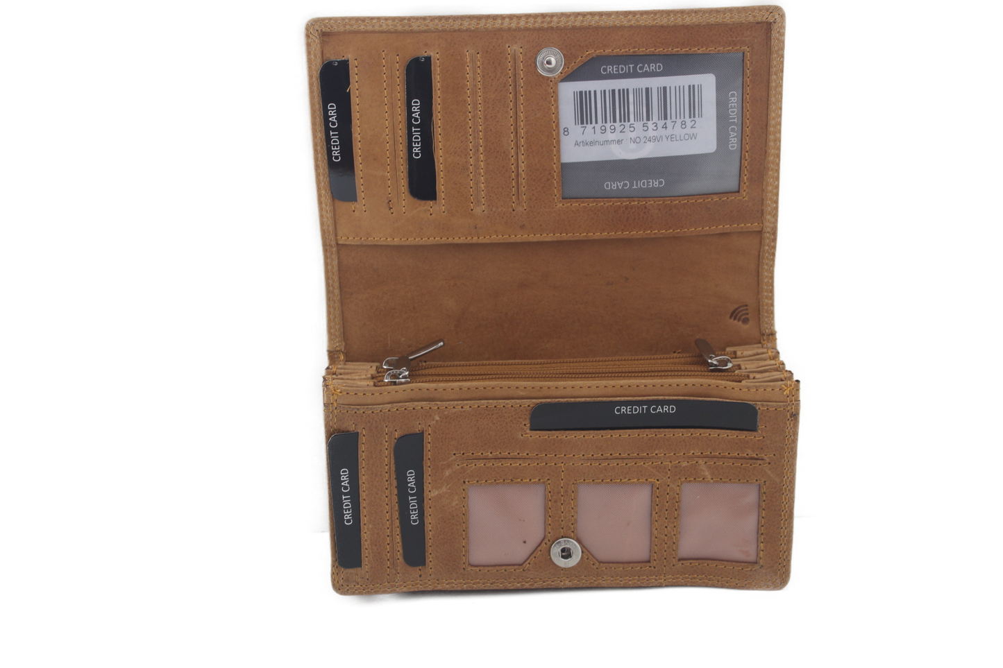 OI leren dames portemonnee met soufflé/ harmonicabeurs geel extra groot / anti skim 249VI Yellow