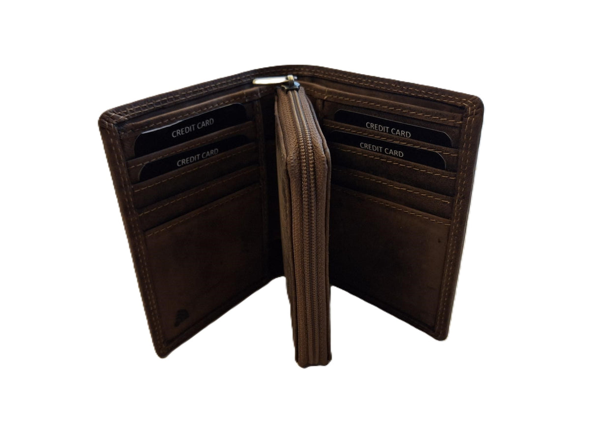 Oi Hunter bruine leren rits portemonneetje los te koppelen uit billfold portemonnee / 2- delige portemonnee / uitneembaar rits beursje / deelbare portemonnee met ruimte voor 8 pasjes / RFID safe / bruin leer / 580H