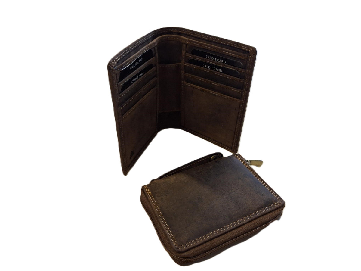 Oi Hunter bruine leren rits portemonneetje los te koppelen uit billfold portemonnee / 2- delige portemonnee / uitneembaar rits beursje / deelbare portemonnee met ruimte voor 8 pasjes / RFID safe / bruin leer / 580H