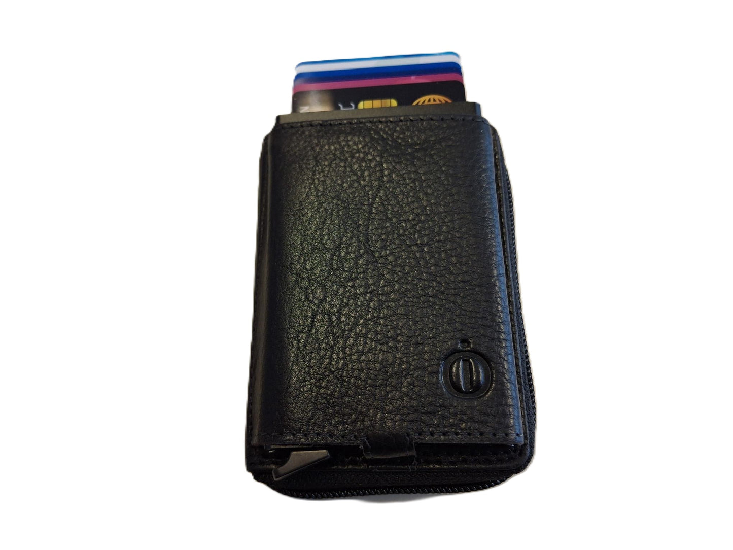 OI zwarte leren ritsportemonnee met Figuretta pasjeshouder / Compact portemonneetje met Cardprotector en veel plek voor muntgeld / beursje met ruim ritsvak met RFID SAFE kastje / metalen pasjeshouder in anti skim ritsportemonnee / zwart leer /646
