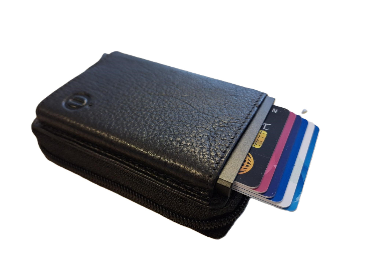 OI zwarte leren ritsportemonnee met Figuretta pasjeshouder / Compact portemonneetje met Cardprotector en veel plek voor muntgeld / beursje met ruim ritsvak met RFID SAFE kastje / metalen pasjeshouder in anti skim ritsportemonnee / zwart leer /646