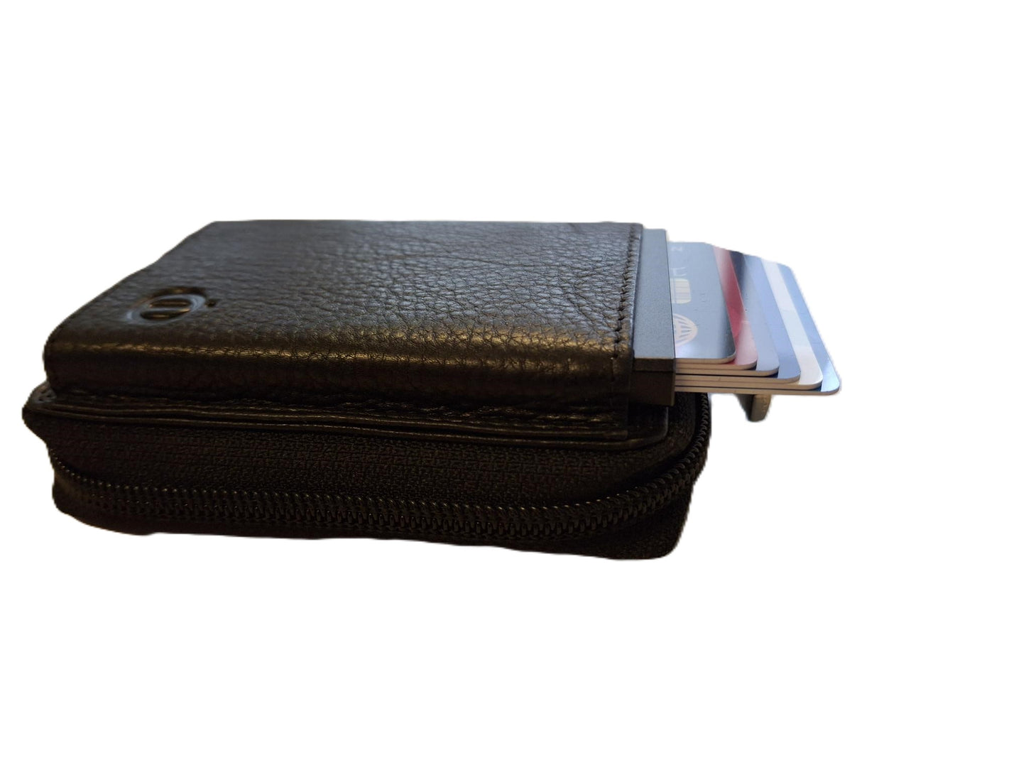 OI zwarte leren ritsportemonnee met Figuretta pasjeshouder / Compact portemonneetje met Cardprotector en veel plek voor muntgeld / beursje met ruim ritsvak met RFID SAFE kastje / metalen pasjeshouder in anti skim ritsportemonnee / zwart leer /646