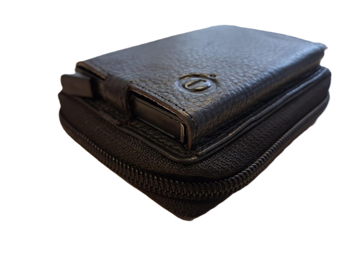 OI zwarte leren ritsportemonnee met Figuretta pasjeshouder / Compact portemonneetje met Cardprotector en veel plek voor muntgeld / beursje met ruim ritsvak met RFID SAFE kastje / metalen pasjeshouder in anti skim ritsportemonnee / zwart leer /646