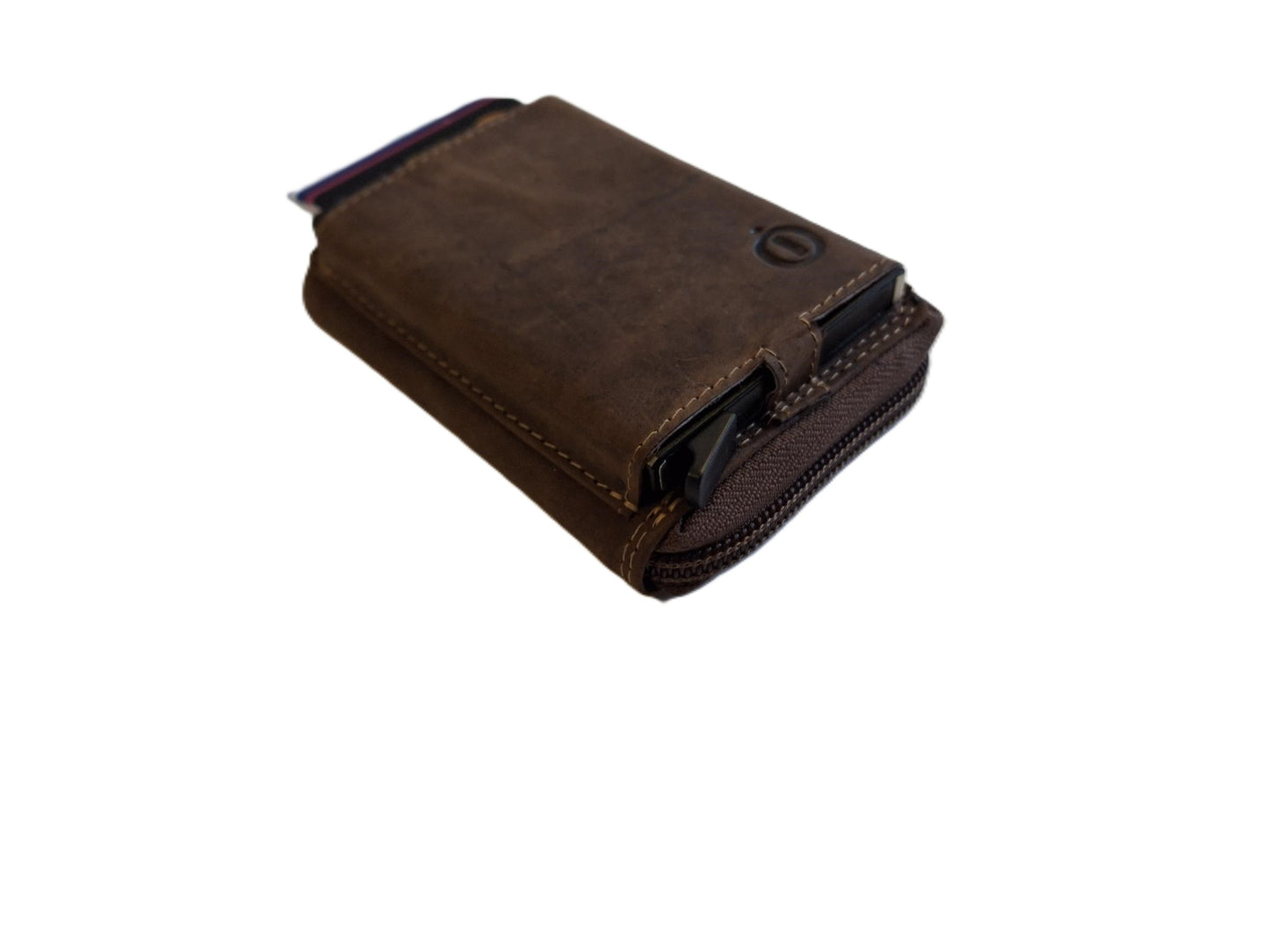 OI Hunter bruine leren ritsportemonnee met Figuretta pasjeshouder / Compact portemonneetje met Cardprotector en veel plek voor muntgeld / beursje met ruim ritsvak met RFID SAFE kastje / metalen pasjeshouder in anti skim ritsportemonnee / bruin leer /646H