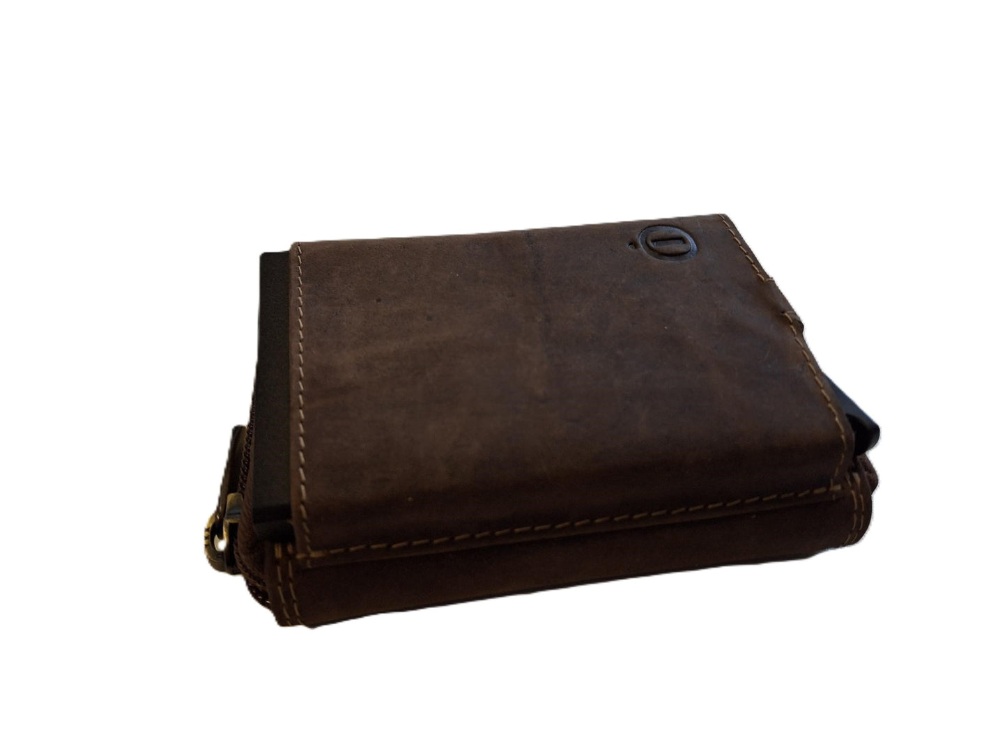 OI Hunter bruine leren ritsportemonnee met Figuretta pasjeshouder / Compact portemonneetje met Cardprotector en veel plek voor muntgeld / beursje met ruim ritsvak met RFID SAFE kastje / metalen pasjeshouder in anti skim ritsportemonnee / bruin leer /646H