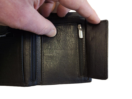OI zwarte lederen heren portemonnee met rits voor kleingeld / zwarte leren billfold hoog model met ritsvak voor munten / beurs voor veel pasjes / RFID SAFE / zwart leer / 104A