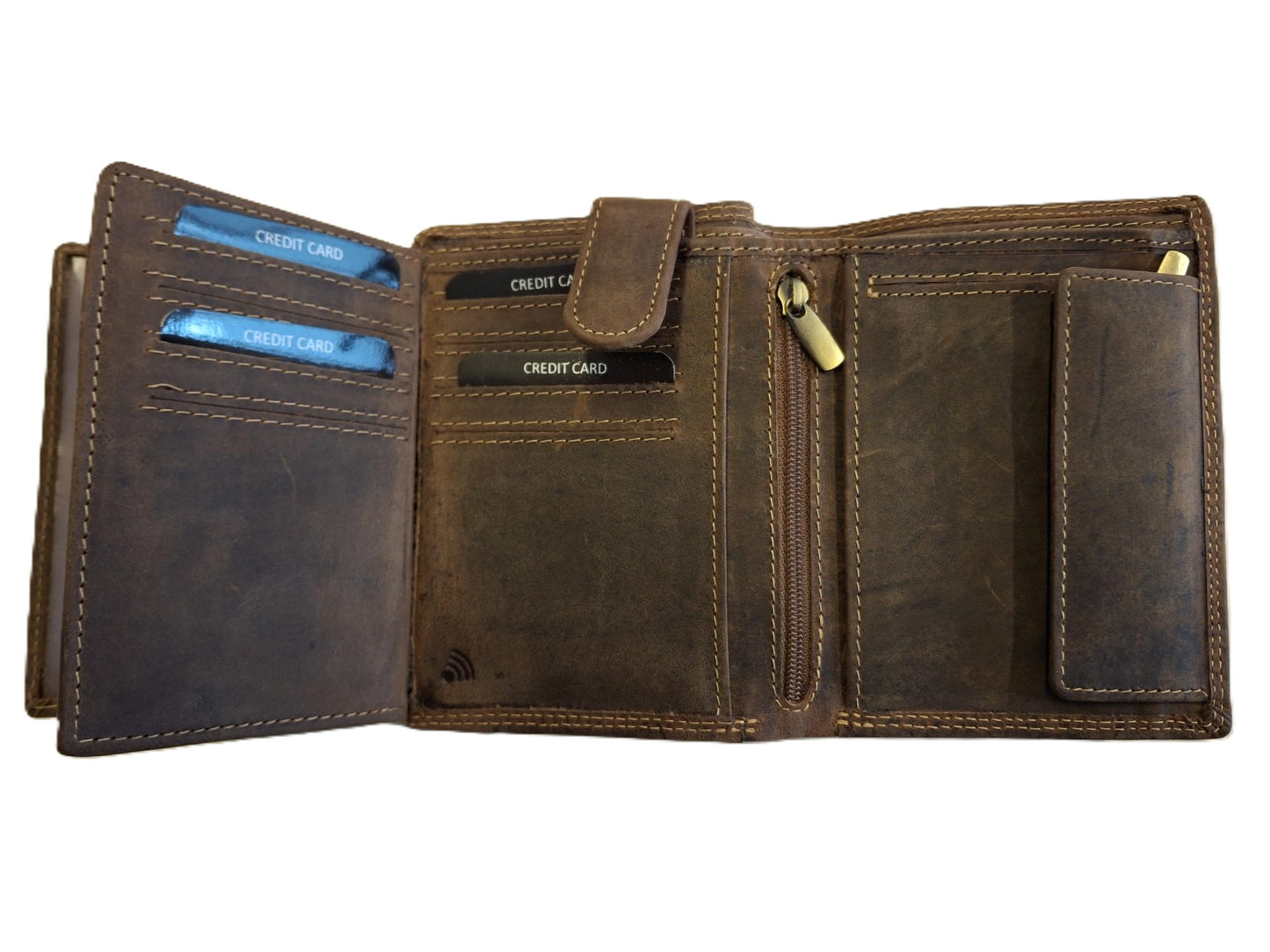 OI Hunter bruine lederen heren portemonnee met rits voor kleingeld / bruine leren billfold hoog model met ritsvak voor munten / beurs voor veel pasjes / RFID SAFE / bruin leer / 104AH