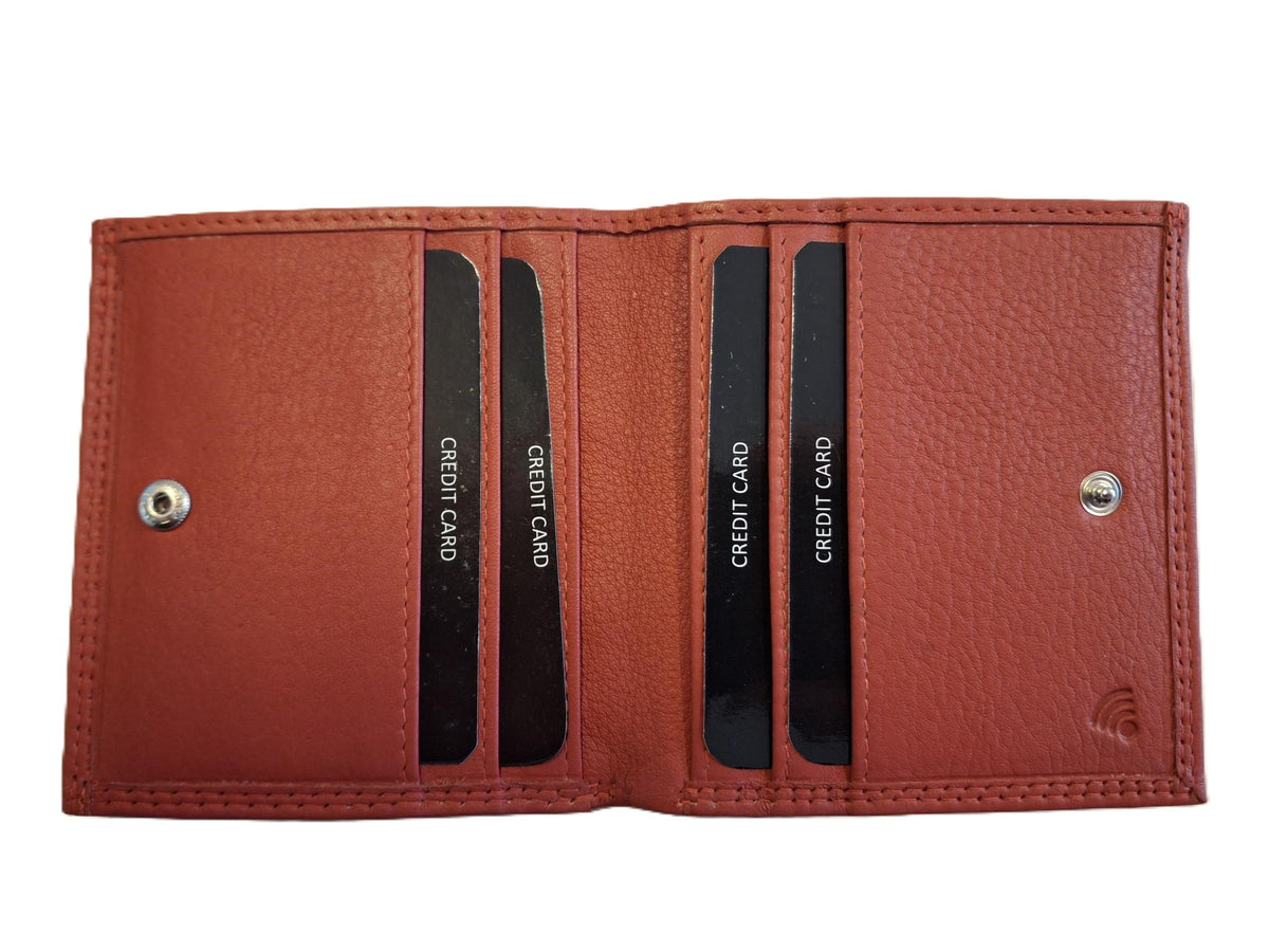Oi rode leren dames billfold afsluitbaar / platte portemonnee met kleingeld aan de buitenkant / dunne beurs met pasjes verticaal / RFID SAFE / rood leer / 637RMD