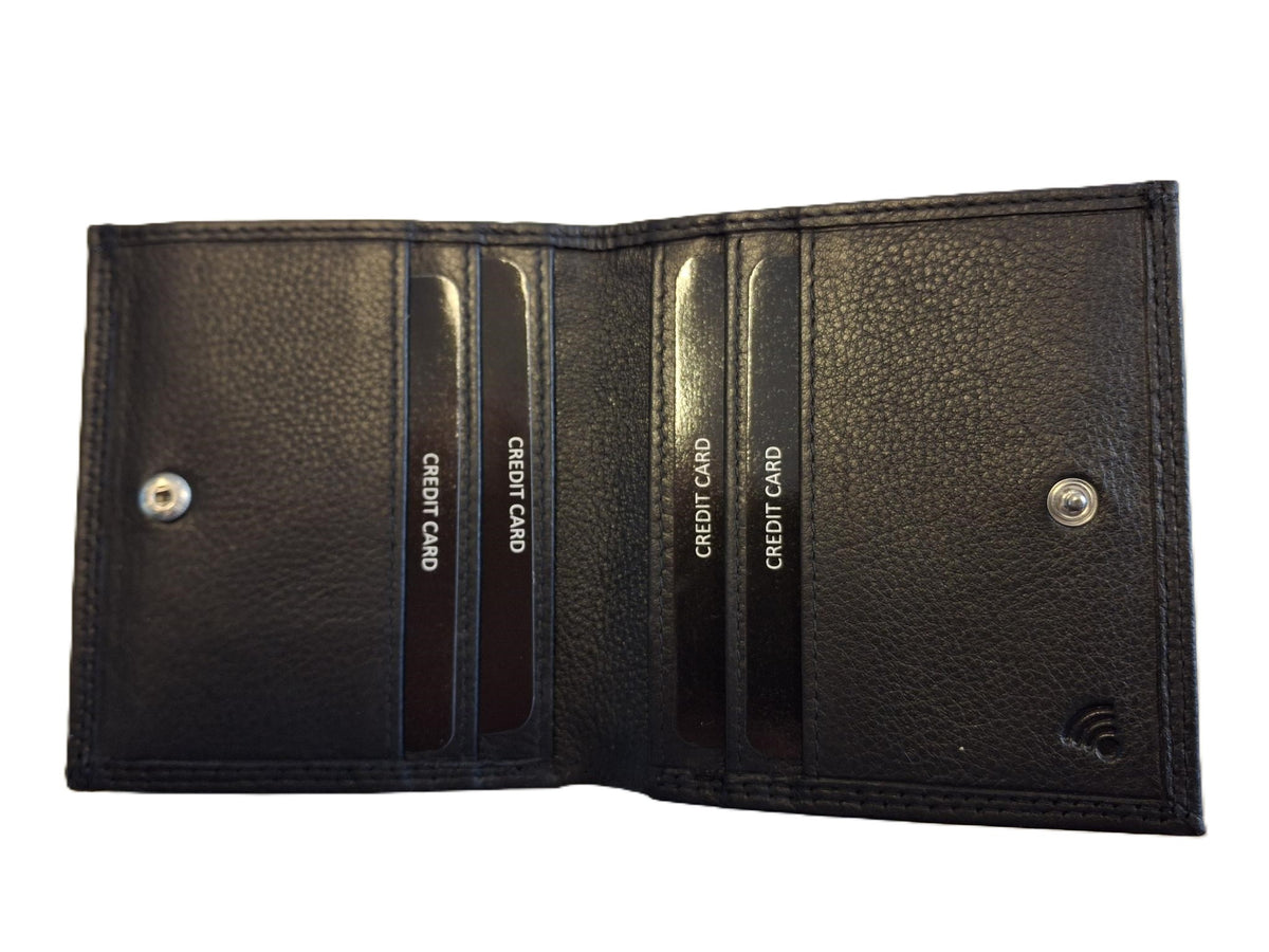 Oi zwarte leren dames billfold afsluitbaar / platte portemonnee met kleingeld aan de buitenkant / dunne beurs met pasjes verticaal / RFID SAFE / zwart leer / 637MD