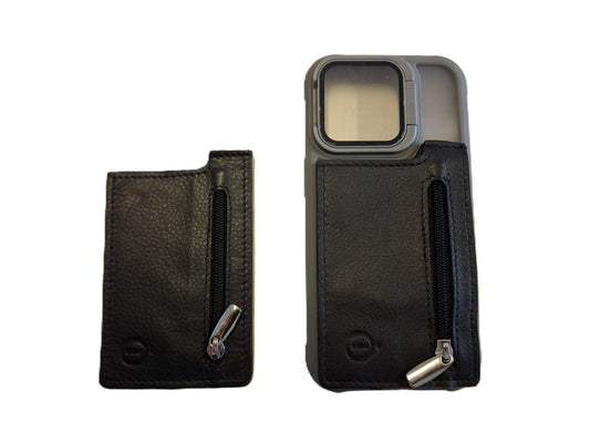 Oi zwart lederen pasjesmapje om op telefoon te plakken / Pasjeshouder met ritsje voor telefoon met plakstrip / plat beursjes om op telefoon te bevestigen / RFID safe / zwart leer / 661VA