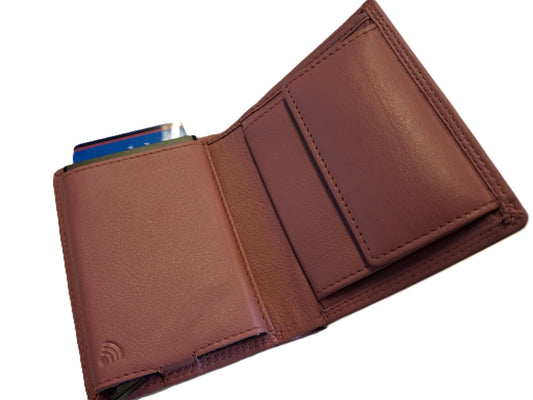 OI oud roze leren billfold met cardprotector / normale portemonnee met Figuretta pasjeshouder / complete portemonnee met anti skim kastje / leren beurs met metalen pasjeshouder / antiek rose leer / 115DAM