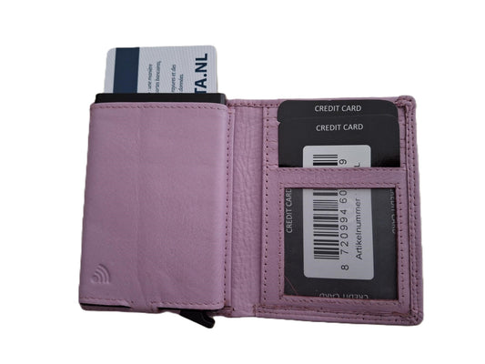 OI lila /roze leren portemonnee met Figuretta pasjeshouder en plaats voor klein geld / Compact portemonneetje met Cardprotector en muntvak / compleet beursje met RFID SAFE kastje / metalen pasjeshouder in anti skim portemonnee / lilac leer / 145LILA