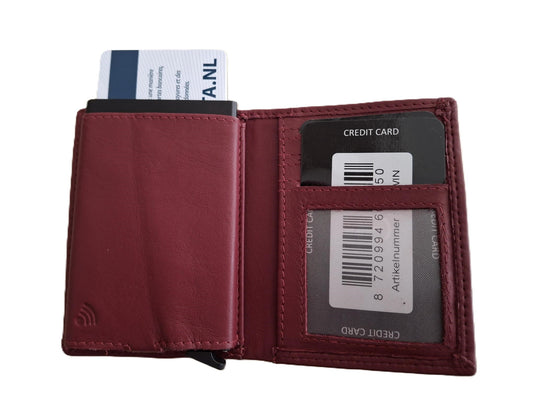 OI wijn rode leren portemonnee met Figuretta pasjeshouder / Compact portemonneetje met Cardprotector en muntvak / compleet beursje met RFID SAFE kastje / metalen pasjeshouder in anti skim portemonnee / bordeaux rood kleurig leer / 145WIN