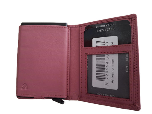 OI oud roze leren portemonnee met Figuretta pasjeshouder en plaats voor klein geld / Compact portemonneetje met Cardprotector en muntvak / compleet beursje met RFID SAFE kastje / metalen pasjeshouder in anti skim portemonnee / rose leer / 145DAM