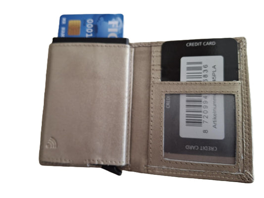 OI platina kleurige leren portemonnee met Figuretta pasjeshouder / Compact portemonneetje met Cardprotector en muntvak / compleet beursje met RFID SAFE kastje / metalen pasjeshouder in anti skim portemonnee / goud-zilver leer / 145PLATINA