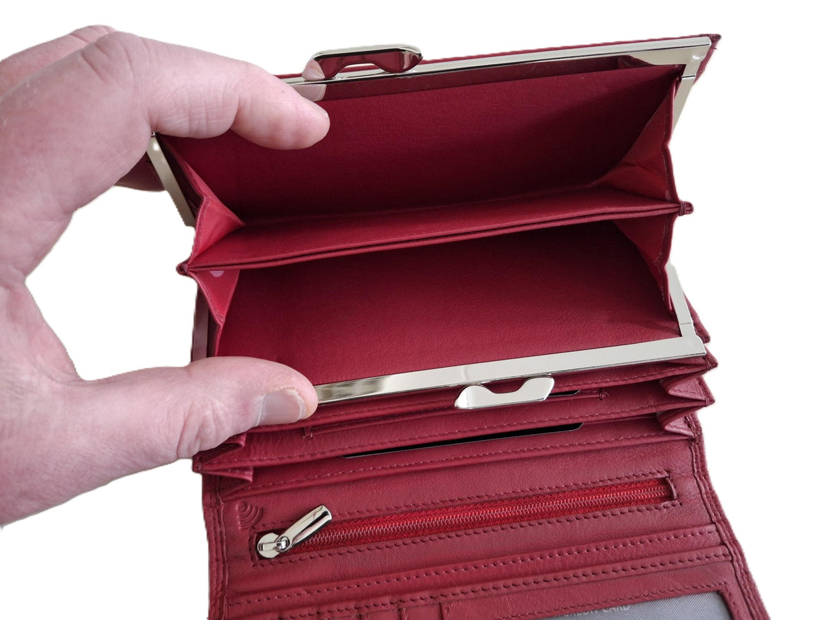 Oi rode leren Linkshandige Beugelportemonnee lang model / grote linkshandige knip beurs voor veel pasjes met een rits in de klep / overslag portemonnee met knipsluiting / Anti skim / rood leer / 593ROP