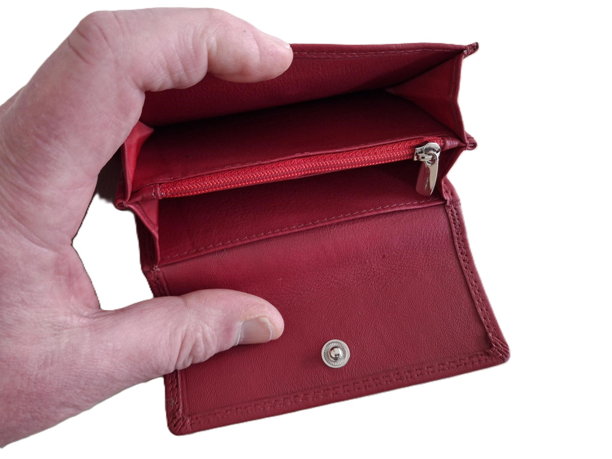 Oi rode leren portemonnee dubbelzijdig kort model / afsluitbare beurs met bak voor kleingeld / afsluitbare portemonnee met ruim vak voor muntgeld / Beveiligd tegen skimmen / rood leer / 295R