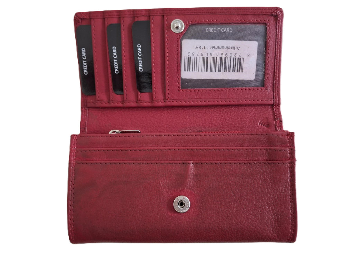OI rode leren dames portemonnee met klep / platte huishoudbeurs / lange envelopportemonnee afsluitbaar / RFID protected / rood leer / 118R