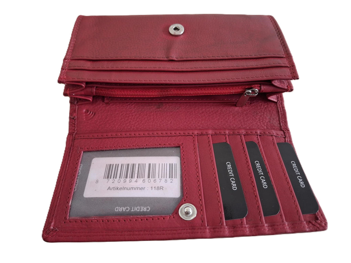 OI rode leren dames portemonnee met klep / platte huishoudbeurs / lange envelopportemonnee afsluitbaar / RFID protected / rood leer / 118R